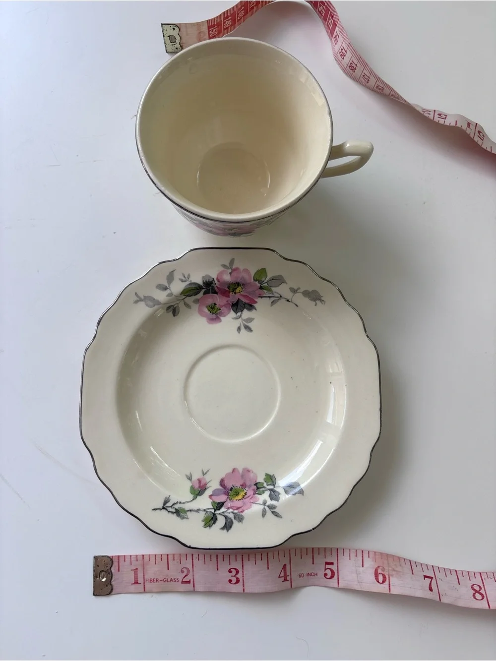 Vintage W.S. George Cream Floral Teacup and Saucer Set with Pink Rose Motif